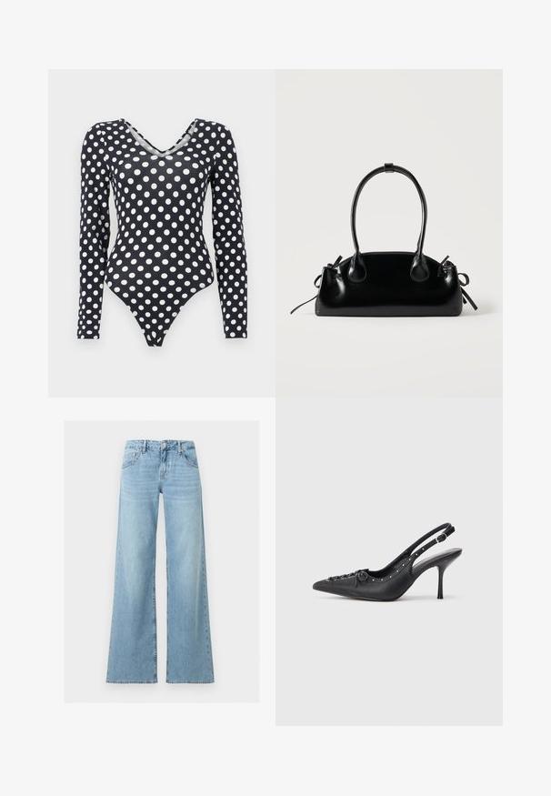 Body noir à manches longues avec des pois blancs et un décolleté en V, présenté sur un fond blanc uni.; Jean en denim bleu clair taille haute avec jambes larges, bouton et fermeture éclair à l'avant, style classique cinq poches.; Escarpin en cuir noir à talon aiguille avec un bout pointu, une bride latérale à boucle, des clous le long du bord et un laçage décoratif à l'avant.; Petit sac à main noir brillant avec deux longues anses et des détails à cordon sur les côtés sur un fond clair uni.