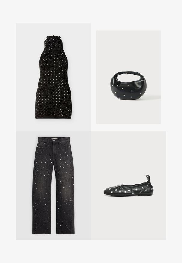 Mustvalge pilkupüüdev õlgadeta kleit valgete täppidega ja kõrge, kortsus kraega, eksponeeritud heledal ühtsel taustal.; Mustad denim püksid, millel on lahtine lõige, kaetud hajusate hõbe-, kulla- ja valgete punktidega. Klassikalised taskud ja metallist detailid.; Mustast nahast baleriinisuss hõbedaste ümmarguste kinnitustega, pael ees ja tõmbenööp kandluul, valgel taustal.; Mustast nahast ümmarguse kujuga käekott, kaunistatud hõbedaste naeladega, lühikese sangaga. Sile tekstuur ja tõmblukuga sulgemine.