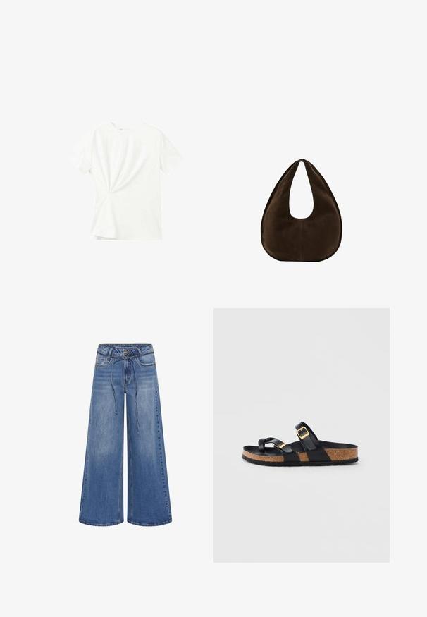 Wit t-shirt met korte mouwen, ronde hals en een geplooid twistdetail aan de voorkant links.; My Essential Wardrobe MWKARO 144 MID XWIDE - Wide leg - medium blue wash; Zwarte open-toe sandaal met kurkzool en twee verstelbare zwarte riemen met gouden gespen, zijaanzicht op een witte achtergrond.; Donkerbruine suède handtas in halve maanvorm met een enkele brede riem en een gladde textuur op een witte achtergrond.