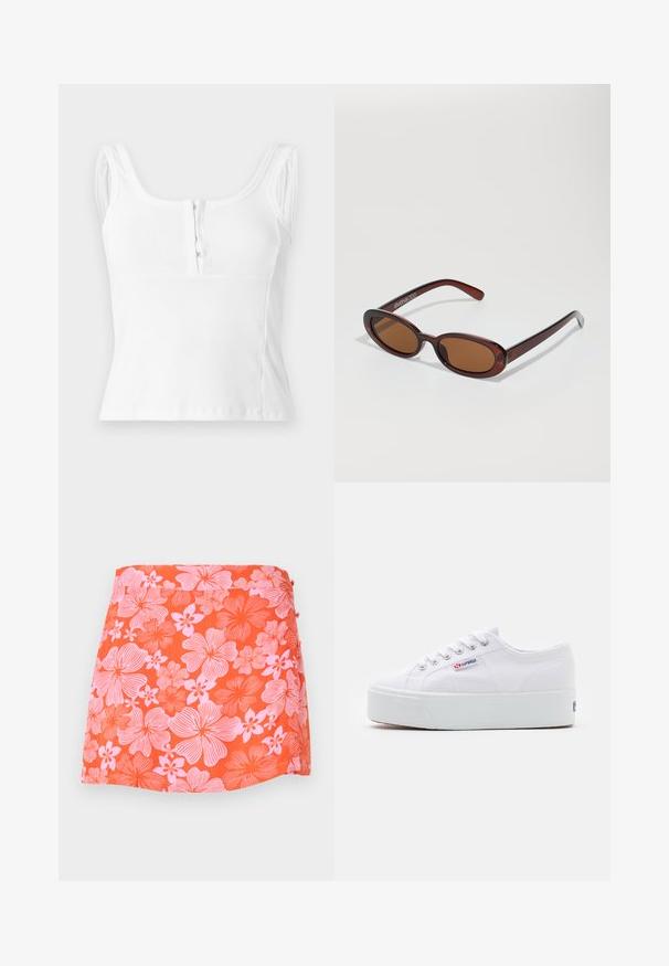 Λευκό ριμπ αμάνικο crop top με στρογγυλή λαιμόκοψη και μπροστινά κούμπωμα με αγκράφες σε ανοιχτό φόντο.; Φωτεινή πορτοκαλί μίνι φούστα με μεγάλο ροζ λουλουδάτο μοτίβο, πλαϊνά κουμπιά και ίσιο τελείωμα.; Λευκό καμβά sneaker με χοντρή λευκή πλατφόρμα, στρογγυλή μύτη και μεταλλικές οπές για τα κορδόνια. Το λογότυπο της επωνυμίας εμφανίζεται στο πλάι.; Στρογγυλά, καφέ-χρωματιστά γυαλιά ηλίου με γυαλιστερή μπορντώ σκελετό. Λεπτά πόδια με διακριτική λεπτομέρεια λογότυπου. Σχεδίαση επίπεδου φακού.