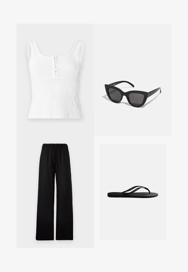 Top court blanc côtelé sans manches avec un décolleté arrondi et des fermetures à agrafes à l'avant sur un fond clair.; Pantalon noir à jambes larges avec taille élastique et cordon, présenté à plat sur un fond gris clair.; Sandale tong en caoutchouc noir avec semelle texturée et fines brides en Y sur un fond blanc uni.; Lunettes de soleil noires en forme d'œil de chat avec une finition mate, dotées de verres teintés gris, d'angles aigus et de branches élégantes. Nom de la marque visible sur la branche intérieure.