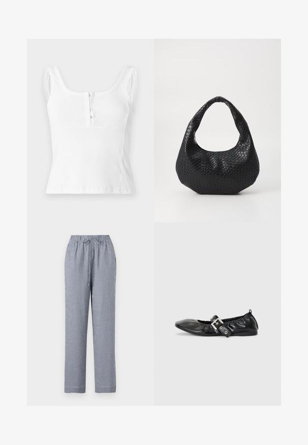 Top corto blanco sin mangas con canalé, escote redondo y cierre frontal de ganchos sobre un fondo claro.; Pantalones a cuadros en azul y blanco con cintura elástica y cordón, con un diseño de pierna recta y tejido ligero.; Zapato plano de piel negra con puntera afilada, detalle fruncido alrededor de la abertura y un acento de hebilla plateada en la correa ajustable.; Bolso de mano tejido en negro con un asa curvada, que presenta una superficie texturizada y una forma holgada. Acabado suave con una silueta orgánica.