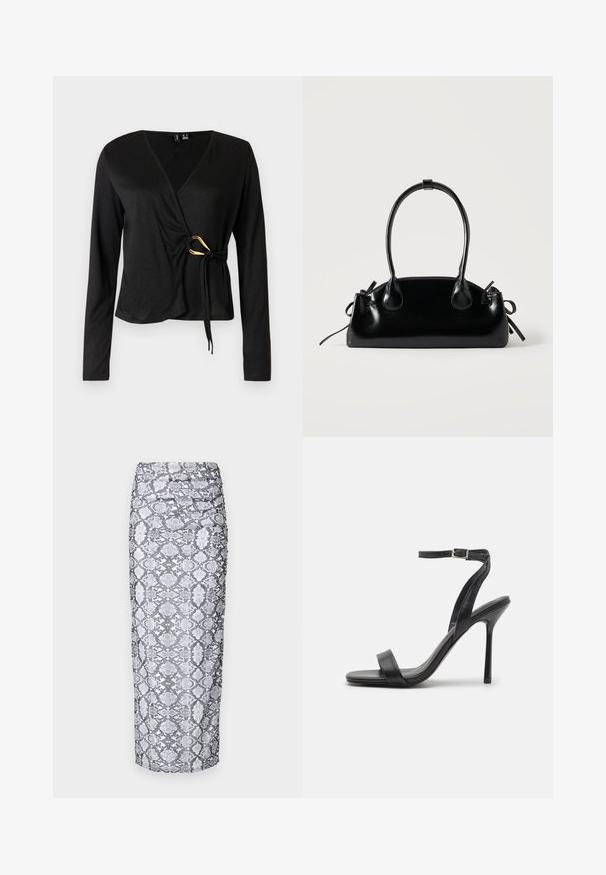 Sort langærmet wrap-top med V-hals, lavet af glat stof. Har en guldfarvet accent i taljen med en bundet detalje.; Python print midi nederdel i sort og hvid, med en tætsiddende silhuet og rynket tekstur langs siderne. Glat stoffinish.; Sort højhælet sandal med en slank ankelrem og to forreste bånd. Lavet af glat læder med en slank spids tå og stilettohæl.; Lille sort blank håndtaske med to lange håndtag og snøre-detaljer i siden på en ensfarvet lys baggrund.