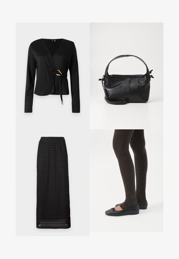 Musthave pikkade varrukatega must v-kaelusega ülerõivas, mis on valmistatud siledast kangast. Vöökohtas on kullavärvi aksessuaar, millel on sidumisdetail.; Mustard mustriga mustriga, millevarjuga hõbeosa ja laia elastse vöökoha. Hemil on kaunistuse jaoks laineline detail.; Jalad seljas tumedad soonelises soonelises kombines mustade baleriinadega, millel on väikesed paelade detailid valgel taustal.; Must mustrikujundusega must nahast käekott, ümarate pealmiste käepidemete ja eemaldatava õlalihaga. Omab siledat tekstuuri ja peent sära.