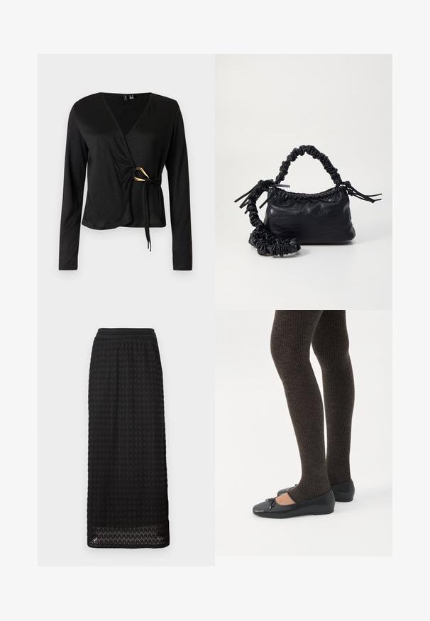 Sort langærmet wrap-top med V-hals, lavet af glat stof. Har en guldfarvet accent i taljen med en bundet detalje.; Sort midi-nederdel med et struktureret, honningkage mønster og et bredt elastisk taljebånd. Nederkanten har bølget detaljer for en ekstra design-effekt.; Ben iført mørke ribbede leggings kombineret med sorte balletsko med små sløjfedetaljer på hvid baggrund.; Sort kunstlæder håndtaske med krokodilteksur, indsnøret top og en sammenkrøben rem. Ser blød og kompakt ud i designet.