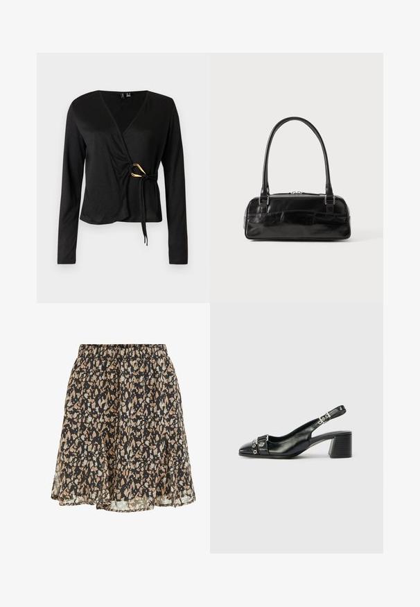 Top negro de manga larga con escote en V, hecho de una tela suave. Presenta un detalle dorado en la cintura con un lazo.; Falda negra con manchas irregulares beige y gris claro, cintura elástica y un dobladillo suelto y ligeramente acampanado.; Tacón slingback de cuero negro con punta afilada, correa texturizada con acentos metálicos circulares y tacón cuadrado apilado.; Bolso de mano de cuero negro con forma rectangular, equipado con un asa estructurada, herrajes en plata y cierre de cremallera. Textura suave.