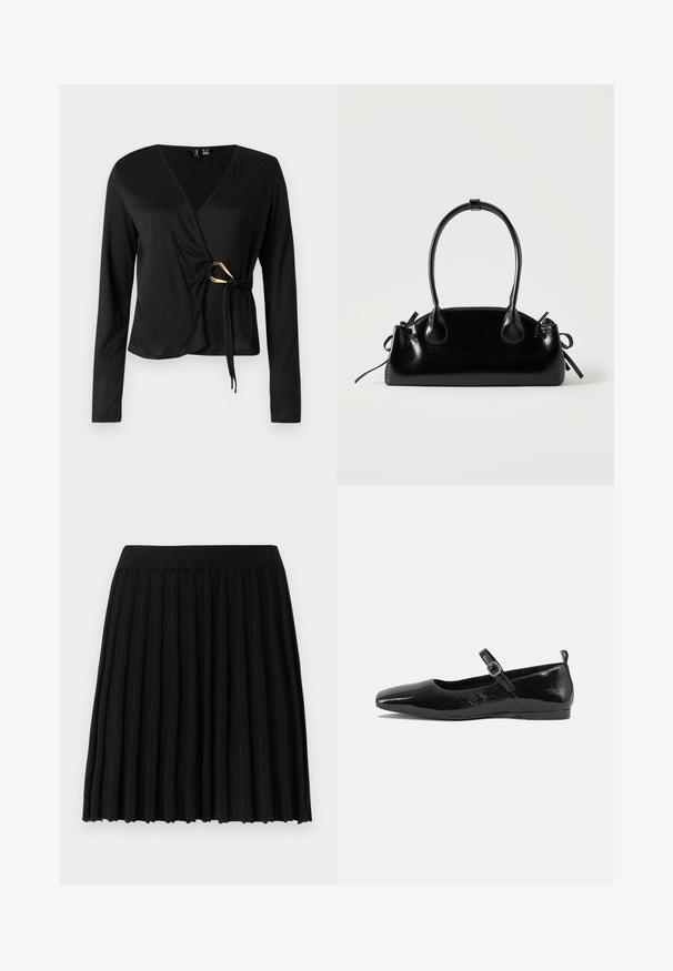 Sort langærmet wrap-top med V-hals, lavet af glat stof. Har en guldfarvet accent i taljen med en bundet detalje.; Vero Moda Knitted VMMARINA Short - Mini skirts - black; Sorte patentlæder flade sko med spidse tæer, en ankelrem med spænde og en glat, blank tekstur. Lav hæl for komfort.; Lille sort blank håndtaske med to lange håndtag og snøre-detaljer i siden på en ensfarvet lys baggrund.