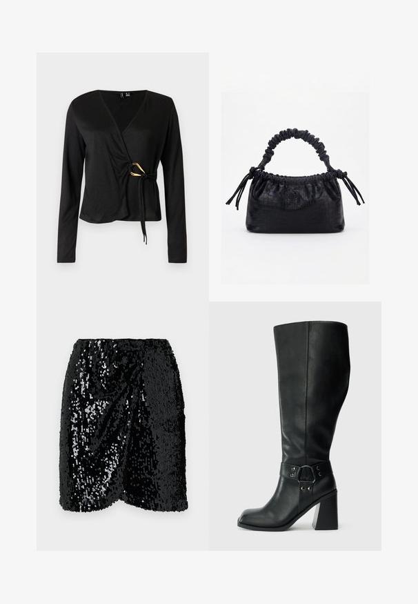 Musthave pikkade varrukatega must v-kaelusega ülerõivas, mis on valmistatud siledast kangast. Vöökohtas on kullavärvi aksessuaar, millel on sidumisdetail.; Mustmustri must sequin seelik elastse vöökohaga. Omab rippuvat disaini, säravat pinda ja lainelist äärt, mis lisab tekstuuri.; Knee-high mustad nahast saapad ruudukujulise varbaga, laia kandaga ja dekoratiivse rihmaga metallaktsentidega ümber pahkluu. Sile tekstuur.; Must käekott krokodillinaha tekstuuriga, voltis ülaservaga, kogutud sangaga ja kummipaeladega tutsidega igal küljel valgel taustal.