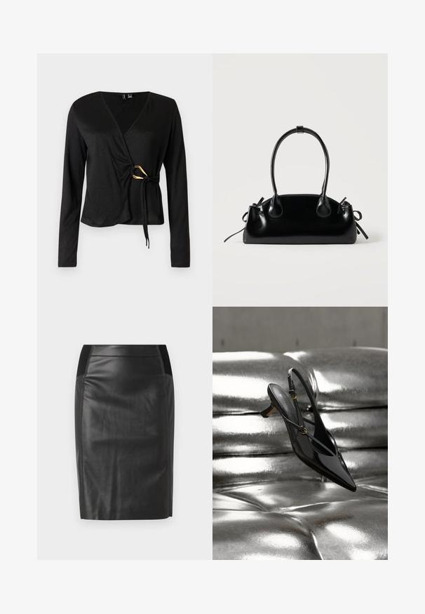Top negro de manga larga con escote en V, hecho de una tela suave. Presenta un detalle dorado en la cintura con un lazo.; falda lápiz de cuero negro con un diseño ajustado, textura suave y acentos de cintura elástica a ambos lados. Dobladillo recto en la parte inferior.; Zapato slingback de charol negro con punta afilada y tacón bajo, descansando sobre una superficie plateada metálica y brillante con acabado capitoné.; Pequeño bolso negro brillante con dos asas largas y detalles de cordón lateral sobre un fondo claro liso.