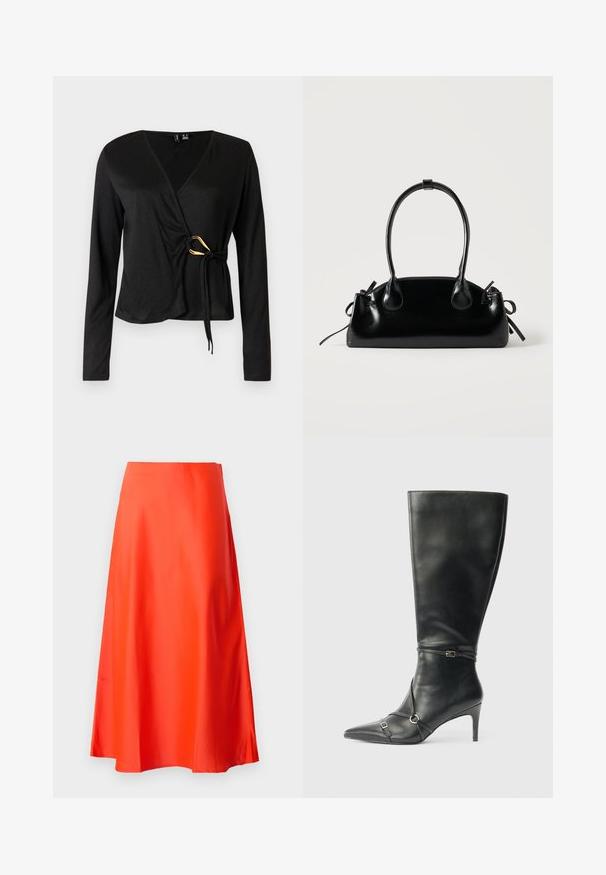 Sort langærmet wrap-top med V-hals, lavet af glat stof. Har en guldfarvet accent i taljen med en bundet detalje.; Rød satin midi-nederdel med en glat tekstur, A-line silhuet og en subtil flare ved kanten. Ingen synlige mønstre eller pynt.; Sorte knæhøje støvler i læder med en slank hæl, spids tå og remdetaljer ved anklen. Glat tekstur og tætsiddende design.; Lille sort blank håndtaske med to lange håndtag og snøre-detaljer i siden på en ensfarvet lys baggrund.