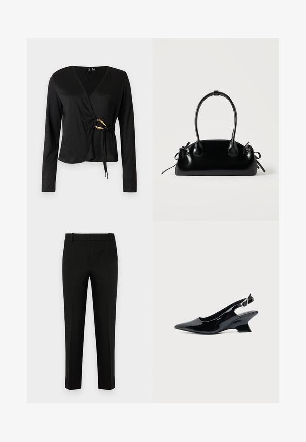 Sort langærmet wrap-top med V-hals, lavet af glat stof. Har en guldfarvet accent i taljen med en bundet detalje.; Sort bukser med slim fit, der har flad front, sidelommer og en glat tekstur. Designet med mellemhøj talje og tapered ben.; Sort laklæder slingback sko med spids tå og lav vinklet blokhæl på ensartet lys baggrund.; Lille sort blank håndtaske med to lange håndtag og snøre-detaljer i siden på en ensfarvet lys baggrund.