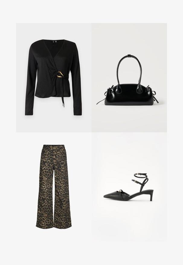 Top negro de manga larga con escote en V, hecho de una tela suave. Presenta un detalle dorado en la cintura con un lazo.; Pantalones de pierna ancha con un estampado integral de leopardo marrón y negro y cierre frontal con botones y cremallera.; Zapatos de tacón negro de cuero con tiras traseras, puntera afilada, correas delgadas en el tobillo, detalles en hardware dorado y un tacón delgado. Textura suave y diseño minimalista.; Pequeño bolso negro brillante con dos asas largas y detalles de cordón lateral sobre un fondo claro liso.