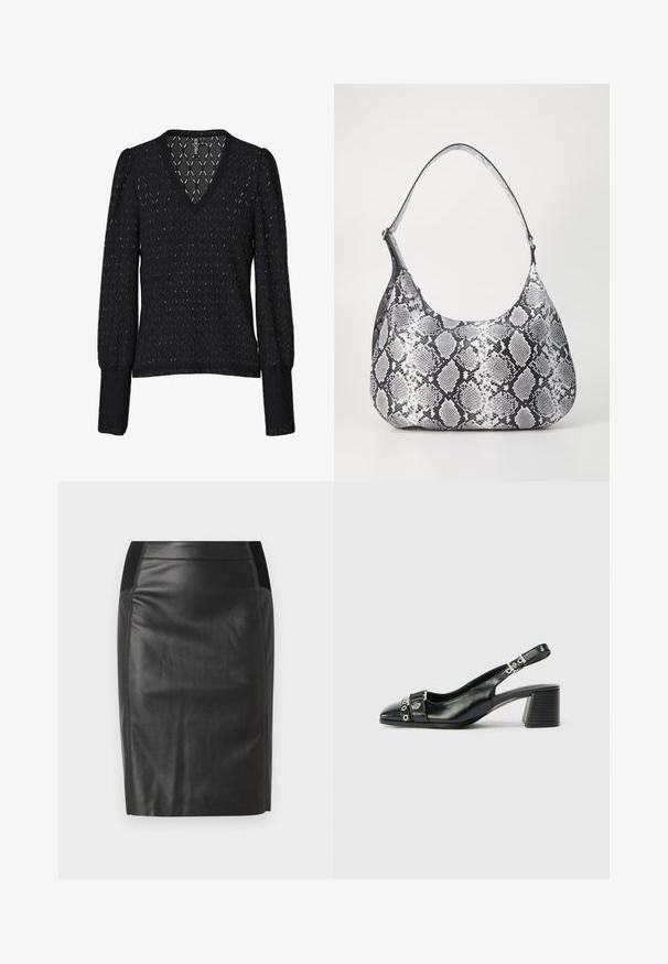 Zwarte V-hals blouse met lange pofmouwen, gemaakt van getextureerd kant met een diamantpatroon. Zacht, lichtgewicht materiaal met een aangesloten pasvorm.; Zwarte leren kokerrok met een aangesloten ontwerp, een gladde textuur en elastische taillebandaccenten aan weerszijden. Rechte zoom aan de onderkant.; Zwart leren slingback hak met een spitse neus, eenTextuur strap met cirkelvormige metalen accenten en een gestapelde blokhak.; Zwart-witte slangenprint schoudertas met een afgeronde vorm, een gladde textuur en een ronde strap. Voorzien van een zilveren hardwareaccent.