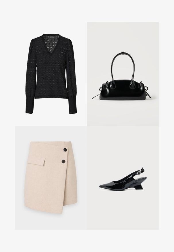 Sort V-halsbluse med lange pufærmer, lavet af tekstureret blonder med et diamantmønster. Blødt, let materiale med en tætsiddende pasform.; Beige indpakningsskørt i et tekstureret stof, med en sidelomme, to sorte knapper og en let buet kant.; Sort laklæder slingback sko med spids tå og lav vinklet blokhæl på ensartet lys baggrund.; Lille sort blank håndtaske med to lange håndtag og snøre-detaljer i siden på en ensfarvet lys baggrund.