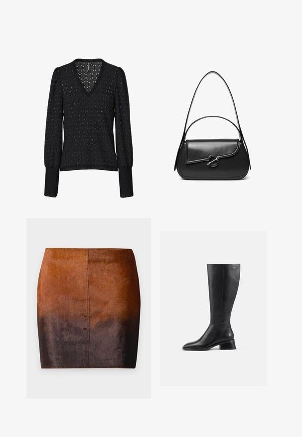 Blouse noire à col en V avec manches longues bouffantes, en dentelle texturée présentant un motif en losanges. Matériau doux et léger avec une coupe ajustée.; Jupe mini dégradé brun en matériau doux, présentant une texture lisse, une silhouette ajustée et des coutures précises le long des bords.; Bottillon en cuir noir hauteur genou avec un bout arrondi et un petit talon carré. Présente une texture lisse et des détails de couture minimaux.; Sac à bandoulière en cuir noir avec un rabat incurvé fermé par un fermoir métallique rond et une sangle fine et ajustable.