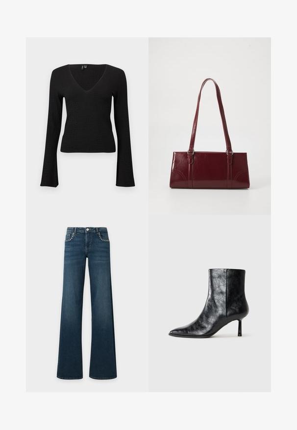 Zwart, nauwsluitend topje met lange mouwen van een gestructureerde stof en een V-hals, voorzien van licht uitlopende mouwen en een cropped zoom.; Donkerblauwe flared jeans met zilveren studs langs de voorzakken, knoopsluiting en riemlussen, plat neergelegd op een witte achtergrond.; Zwarte leren enkelboot met een spitse neus en een dunne, korte hak. Heeft een gestructureerd oppervlak en een strak ontwerp zonder naden aan de zijkant.; Bourgondische handtas van glanzend materiaal, rechthoekige vorm, met twee schouderbanden en subtiele gebogen accenten aan de voorkant.