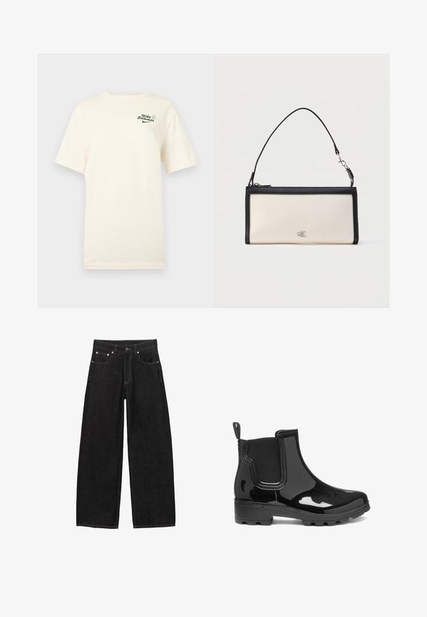 Off-white kortærmet Nike T-shirt med grøn "Nike Summer" tekst og lille solgrafik på øverste venstre bryst.; Sorte jeans med højt liv og brede ben, lukkes med knapper foran, har fem lommer og synlige hvide syninger langs sømmene.; Sorte glansfulde ankelstøvler med elastiske sidepaneler, rund tå og en struktureret gummisål. Designet har en trækflap bagpå.; Rektangulær kremfarvet clutch med sort kant og håndtag, med en lille sølvfarvet "cK" logo i midten foran.