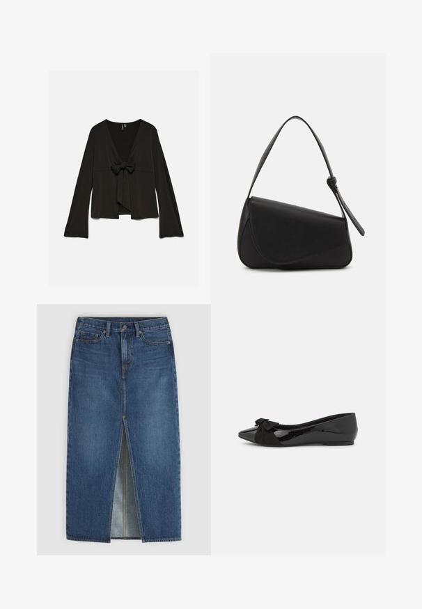 Zwarte blouse met lange mouwen, diepe V-hals en strikdetail aan de voorkant, losse pasvorm en licht uitlopende mouwen.; Blauwe denim midirok met centrale voorin split, ceintuurlussen, knoopsluiting en vijf zakken.; Zwarte balletflat met een glanzende lakafwerking en een contrasterende zwarte suède strikaccent op de neus. Platte zool. Minimalistisch design.; Zwart leren handtas met een driehoekige vorm, schuine klep en een ronde handgreep. Heeft een gladde textuur en minimalistische ontwerpelementen.