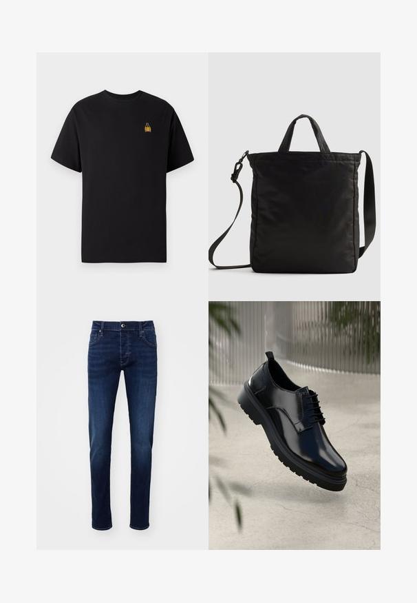 Schwarzes Baumwoll-T-Shirt mit kurzen Ärmeln, Rundhalsausschnitt und einem kleinen gelben bestickten Design auf der linken Brustseite.; Dunkelblaue Slim-Fit Denim-Jeans mit Knopf vorne, Taschen, Gürtelschlaufen und dezenten Ausbleichungen an den Beinen.; Schwarzer Lederschuh mit glänzender Oberfläche, runder Spitze, Schnürdesign, kontrastierenden Nähten und einer dicken Gummisohle mit Profilmuster.; Schwarze Nylon-Tote-Bag mit kurzen Griffen und einem abnehmbaren Schultergurt, die ein elegantes, gestepptes Design und minimale Hardware-Details aufweist.