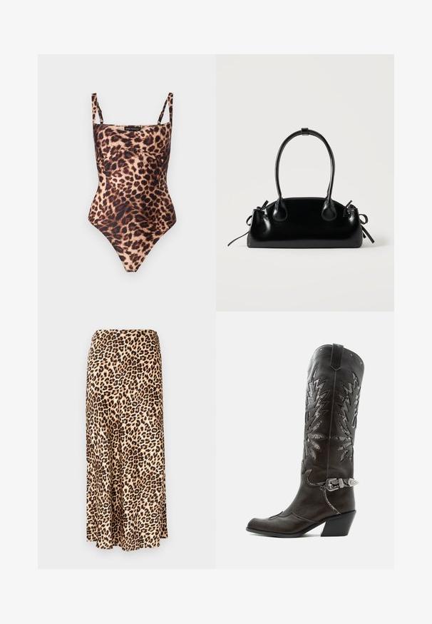 Good American SWEETHEART TANK BODYSUIT - Top - fierce; Falda larga de estampado de leopardo hecha de tejido suave. Base marrón clara con manchas negras y marrones. Diseño acampanado con dobladillo recto.; Bota cowboy de cuero negro con recortes decorativos, hebilla plateada y tacón inclinado, presentada sobre fondo blanco.; Pequeño bolso negro brillante con dos asas largas y detalles de cordón lateral sobre un fondo claro liso.
