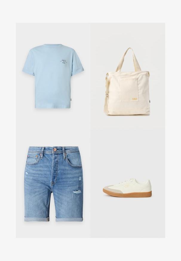T-shirt bleu clair à manches courtes en coton doux. Comprend un col rond et un petit logo texte noir sur le côté supérieur gauche.; Shorts en denim bleu clair avec des détails déchirés, des ourlets retroussés, cinq poches et une fermeture à bouton. Fabriqués en tissu doux et respirant.; Baskets en cuir blanc avec une coque beige et une semelle en caoutchouc marron clair. Dotées de lacets blancs plats et d'un logo embossé sur le côté.; Sac fourre-tout en toile crème avec poche avant, deux poignées, bandoulière réglable et petit texte jaune "O.N.S" en bas à droite de la poche.