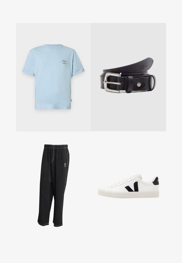 Hellblaues T-Shirt mit kurzen Ärmeln aus weicher Baumwolle. Verfügt über einen Rundhalsausschnitt und ein kleines schwarzes Textlogo auf der oberen linken Seite.; Schwarze Streifenhose mit einem elastischen Bund, seitlichen Taschen und einem kleinen Logoetikett auf der Vorderseite. Leichter Stoff mit einer glatten Textur.; Weiße Leder-Sneaker mit schwarzen Wildlederelementen; verfügen über eine Gummisohle, eine runde Spitze und ein klassisches Schnürdesign. Seitliches Logo in Schwarz.; Schwarzer Ledergürtel mit silberner Metallschnalle, einem Druckknopf zur Verstellung und geprägtem Muster auf dem Leder. Gleichmäßige, glatte Textur.