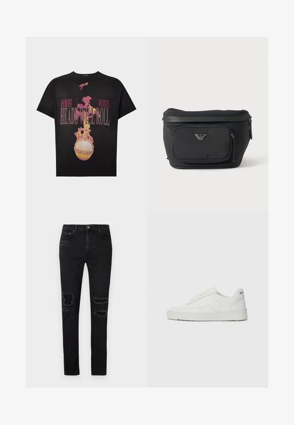 Zwart T-shirt met grafiek van een brandende bol en kruis en roze tekst "KSUBI EST MCMXCIX HEADS WILL ROLL" aan de voorkant.; Zwarte denim jeans met een slim fit, voorzien van versleten scheuren bij de knieën, tonale stiksels en een klassieke knoop- en ritsluiting.; Witte leren sneaker met een gladde afwerking, ronde neus, platte veters en een gestructureerde zool. Kenmerkt zich door een subtiel logo op de hiel.; Zwarte heuptas met voorvak met rits en zilveren adelaarlogo, gladde stof met gestructureerde afwerking en ritstrekker.
