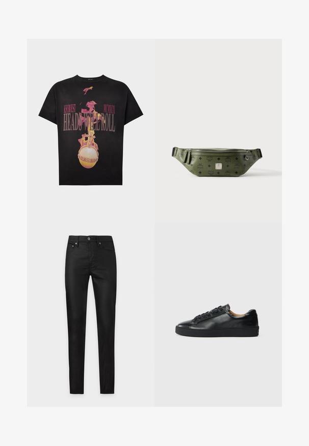 T-shirt noir avec un graphisme d'orbe enflammée et croix, et texte rose "KSUBI EST MCMXCIX HEADS WILL ROLL" sur le devant.; Pantalon noir slim fit avec bouton à l'avant, fermeture éclair et design cinq poches, présenté sur un fond clair uni.; Baskets en cuir noir avec une texture lisse, bout rond et fermeture à lacets. Comprend une semelle en caoutchouc épaisse et un minimum de détails de marque.; Sac banane en cuir texturé vert olive avec logos noirs, fermeture éclair argentée, doubles tirettes et plaque de marque centrale argentée.
