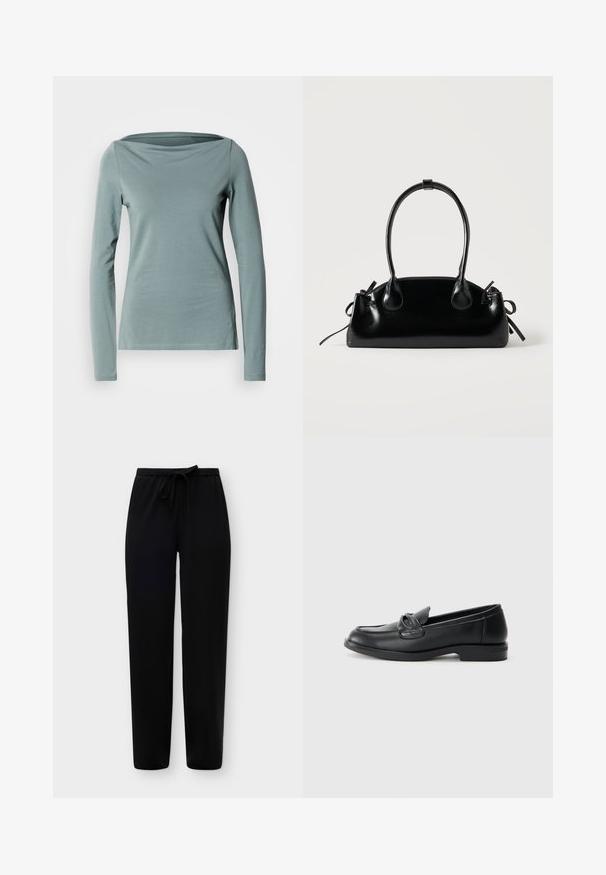 Chemise à manches longues en tissu doux bleu-vert clair, dotée d'un col bateau et d'une coupe ajustée aux finitions nettes.; Pantalon noir droit avec taille à cordon, présenté sur un fond uni gris clair.; Mocassins en cuir noir avec un bout arrondi, un design cousu et un accent en nœud sur la tige. Talon bas et texture lisse.; Petit sac à main noir brillant avec deux longues anses et des détails à cordon sur les côtés sur un fond clair uni.