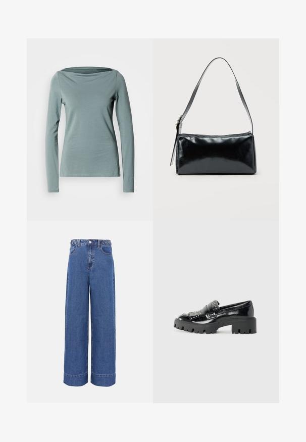 Langærmet skjorte i blødt, lyseblåt-grønt stof med bådudskæring og en figursyet pasform med rene kanter.; Blå denim jeans med vide ben, flettet linning, knap foran og lommer, vist på ensfarvet baggrund.; Sorte patenterede læder loafers med en chunky sort platformsål, udsmykket med metalliske nitter på forfoden og et rundt tådesign.; Sort rektangulær skuldertaske med en enkelt justerbar rem og lynlås i toppen på en ensfarvet baggrund.