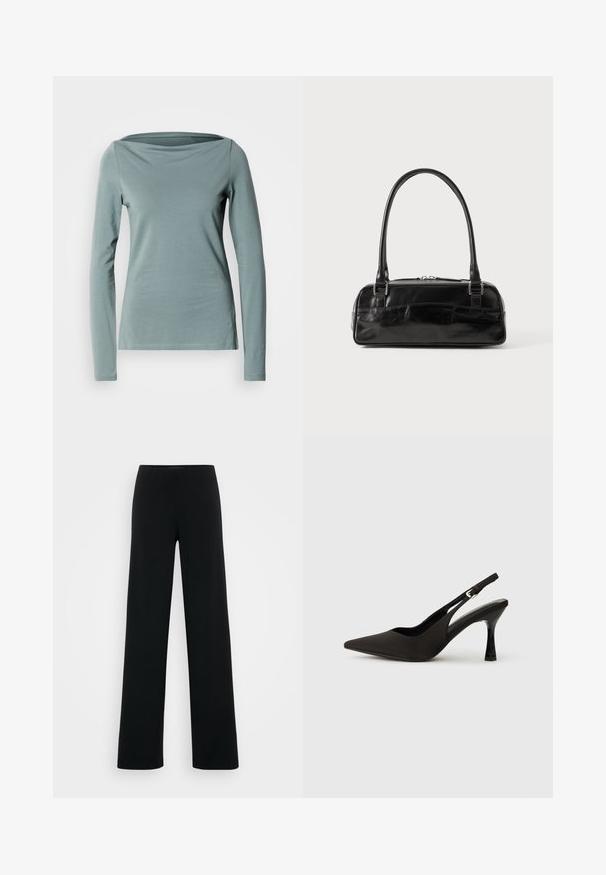 Langærmet skjorte i blødt, lyseblåt-grønt stof med bådudskæring og en figursyet pasform med rene kanter.; Vero Moda Tall VMBERLIN ZAMIRA WIDE - Bukser - black; Sorte slingback hæle med spids tå, glat mat finish og en slank, blank hæl. Justerbar rem med lille spænde detaljer.; Sort læderhåndtaske med rektangulær form, der har et enkelt struktureret håndtag, sølvhardware og lynlås-lukning. Glat tekstur.