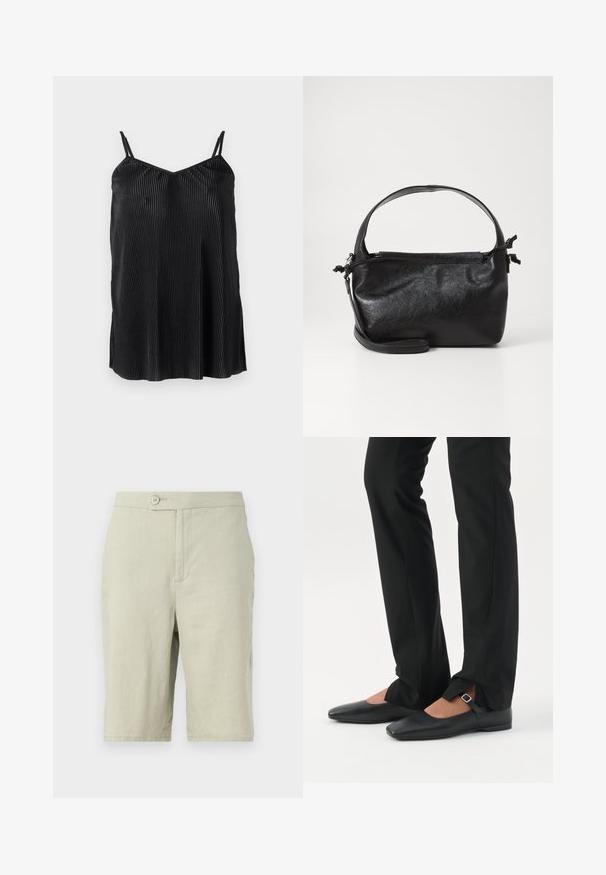 Débardeur noir avec des bretelles fines et réglables, présentant des plis verticaux et une texture lisse, conçu avec un ourlet droit et une coupe décontractée.; Shorts gris clair en tissu doux. Dotés d'une fermeture à bouton, de poches latérales et d'une coupe droite.; Jambes vêtues d’un pantalon slim noir avec des fentes à l’avant de l’ourlet, assorties à des chaussures plates Mary Jane noires avec une petite bride à boucle.; Sac à main en cuir noir au design structuré, avec une poignée arrondie et une bandoulière amovible. Présente une texture lisse et un éclat subtil.