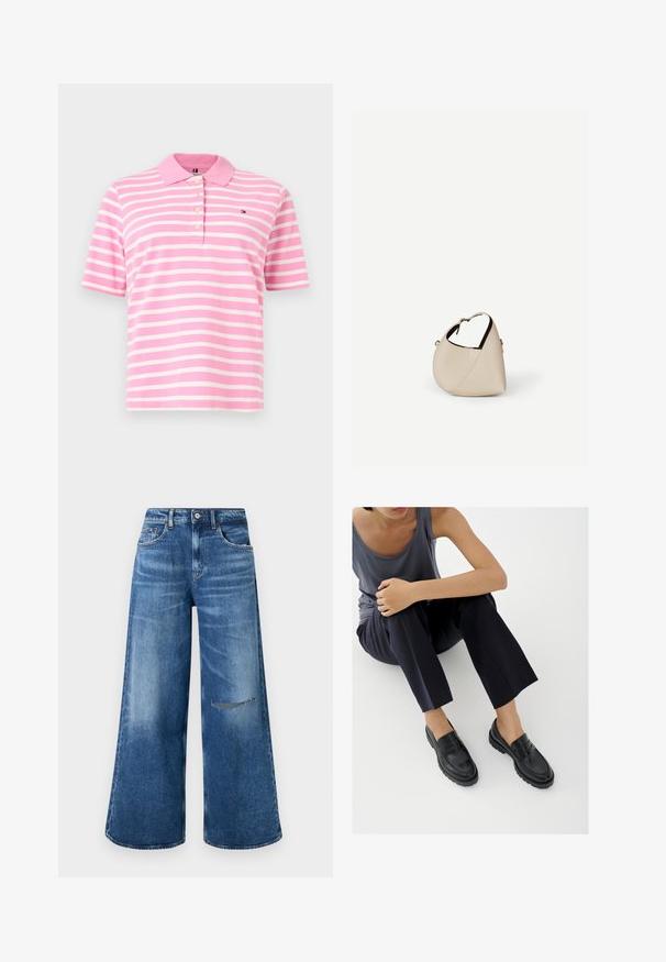 Polo à manches courtes rayé horizontalement rose et blanc, avec un col, quatre boutons et un petit logo sur la poitrine gauche.; Jean en denim bleu à jambes larges avec un effet délavé, doté d'une poche avant et d'un détail déchiré au genou, fini avec une taille classique.; Mocassins en cuir noir avec accents texturés, talon bas, bout arrondi, et coutures visibles. Modèle portant un pantalon sombre et un haut gris.; Sac à main en cuir beige en forme de croissant avec une seule bandoulière et des coutures minimalistes, posé sur un fond blanc uni.