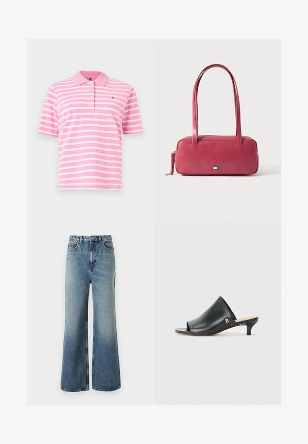 Rosa-weißer, horizontal gestreifter Polo-Shirt mit kurzen Ärmeln, einem Kragen, vier Knöpfen und einem kleinen Logo auf der linken Brust.; Helle Jeans aus Denim mit hoher Taille, weitem Bein, leichter Ausbleichung und Kontrastnähten; verfügt über Fronttaschen und einen Knopfverschluss.; Schwarze Leder-Pantoletten mit offenen Zehen und niedrigem Absatz. Sie verfügen über eine glatte Oberfläche und ein goldenes Logo-Detail an der Seite.; Rosa Ledertasche mit rechteckiger Form, zwei Griffen und einem kleinen Metallemblem auf der Vorderseite, mit einer glatten, glänzenden Oberfläche.