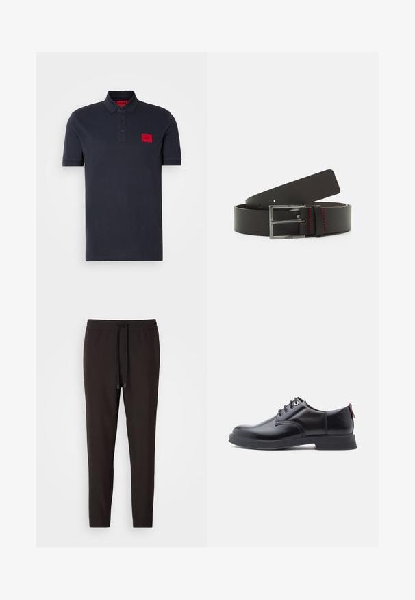 Marineblå polo t-shirt lavet af bomuld, med en knaplukning i tre knapper, ribbet krave og manchetter, samt et rødt logo patch på venstre bryst.; Sorte joggingbukser lavet af blødt stof, med en elastisk bæltelås og snor, tætsiddende ben og uden synlige mønstre eller udsmykninger.; Sorte snørestøvler i læder med glat tekstur, rundet tå og diskrete syningsdetaljer. Har en rød trækflig på hælen.; Sort læderbælte med en rektangulær sølvspænde, prydet med rød syning, og en glat overflade. Længden kan justeres med flere huller.