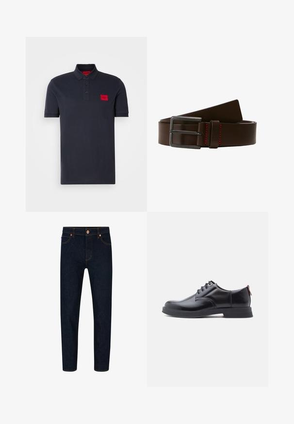 Marineblauwe polo shirt van katoen, met een drieknoopsluiting, geribbelde kraag en manchetten, en een rood logo op de linkerborst.; Donkerblauwe denim jeans met een slim fit, contrasterende oranje stiksels en een klassieke knoopsluiting. Voorzien van voorkruiden en taps toelopende benen.; Zwarte leren veter schoenen met een gladde textuur, ronde neus en subtiel stiksel detail. Voorzien van een rode trekband op de hiel.; Bruine leren riem met een zilveren metalen gesp, voorzien van rode stiksel details, een vlak ontwerp en een gladde structuur.