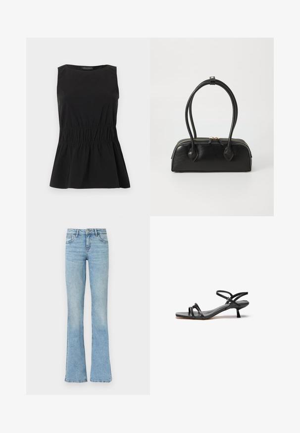 Ærmeløs sort top med rund halsudskæring og elastisk, rynket talje, der skaber en let udvidet kant, mærket Anna Field.; Lyseblå denimjeans med høj talje og vide ben, med forlommer, bæltestropper og lukning med knap.; Sorte lædersandaler med et slankt, minimalistisk design. Har to tynde remme og en lille, skrå hæl. Glat tekstur og åben tå.; Sort læder håndtaske med to langstrakte håndtag, lynlåslukning og afrundet form; glat tekstur med en subtil blank finish.
