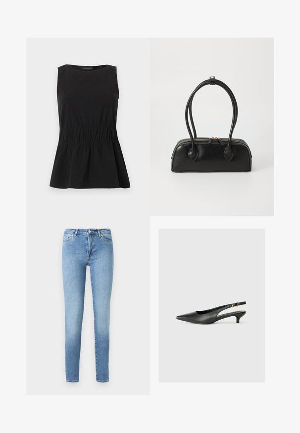 Zwart mouwloos topje met ronde halslijn en elastische taille die een iets uitlopende zoom creëert, gelabeld Anna Field.; Lichtblauwe skinny jeans van denim, met een klassieke vijf-pocketontwerp, subtiele vervaging en een standaard tailleband met een ritssluiting.; Zwarte puntschoen met slingback van soepel leer. Kenmerkt zich door een dunne hak en een gespdetail op de verstelbare band.; Zwarte leren handtas met twee verlengde handvatten, ritsluiting en ronde vorm; gladde textuur met subtiele glanzende afwerking.