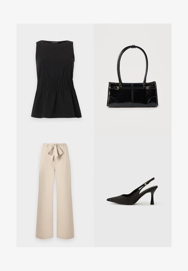 Haut noir sans manches avec encolure ronde et taille élastiquée froncée créant un ourlet légèrement évasé, étiqueté Anna Field.; Pantalon beige taille haute à jambes larges avec une ceinture en tissu nouée en nœud à la taille, présenté sur un fond uni.; Chaussures à talons noires avec une bride, à bout pointu, finition mate lisse et talon fin brillant. Sangle ajustable avec petit détail de boucle.; Sac à main rectangulaire noir brillant avec deux fines bretelles et petits détails de boucles dorées à l'avant.