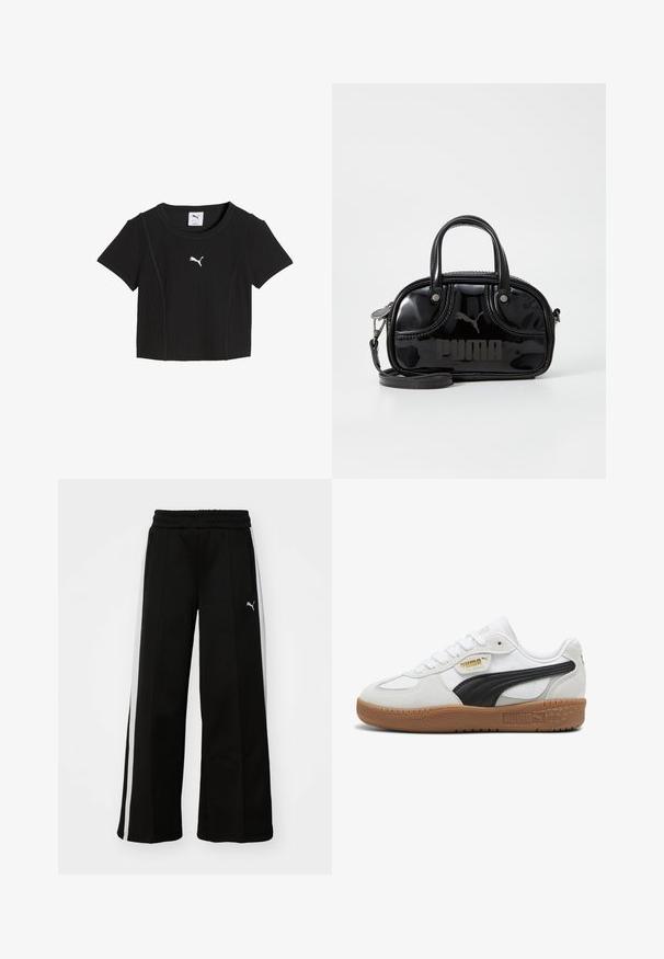 Sort kortærmet ribbet crop top med rund halsudskæring og hvid Puma-logo midt på brystet.; Sorte bukser med vide ben, elastisk talje, lodrette hvide striber, sidelivlommer og et lille logo på låret.; Hvide lædersneakers med en sort ruskindsstribe, gummigummisål og guldbranding på siden. Snørebånddesign med en afrundet tå.; Sort lakeret håndtaske med dobbelte top-håndtag, aftagelig skulderrem, rund form og et fremtrædende præget "PUMA"-logo.