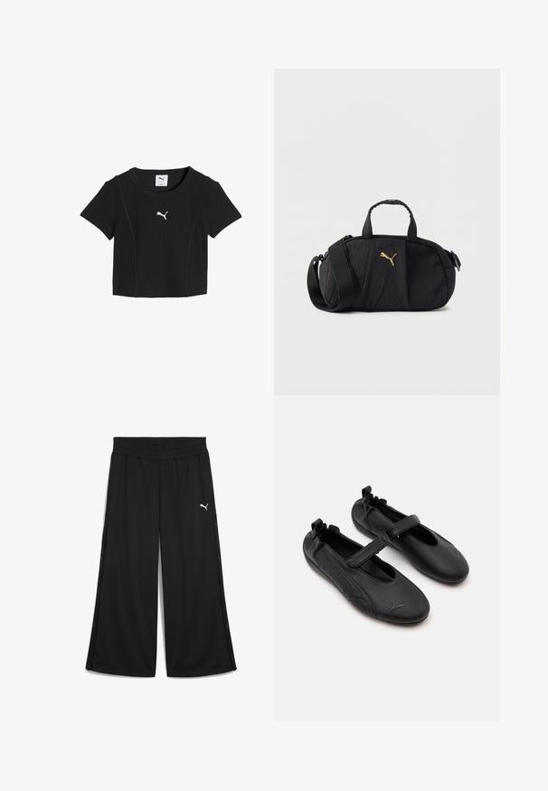 Sort kortærmet ribbet crop top med rund halsudskæring og hvid Puma-logo midt på brystet.; Sorte sportbukser med elastisk talje, sidelukninger med knapper og en hvid Puma-logo på forsiden. Fremstillet af letvægtigt stof.; Par sorte læder Mary Jane-stil sko med elastisk bagpå og velcrolukning, med en diskret Puma-logo på hver tå.; Sort tekstureret skuldertaske med top håndtag, bred justerbar rem og lille gyldent Puma-logo centreret foran.