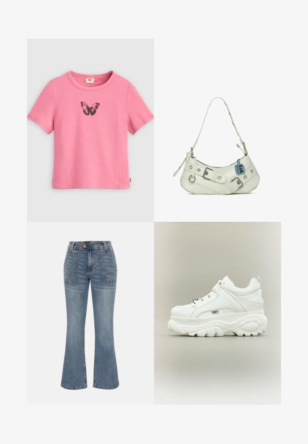 T-shirt rose à manches courtes avec un motif papillon noir centré sur la poitrine et un col rond.; Jean en denim bleu à taille haute, poches plaquées à l'avant, fermeture par bouton et zip, et une silhouette de jambe légèrement évasée.; Baskets à plateforme blanches avec semelle épaisse et imposante, lacets sur le devant et logo de la marque Buffalo sur le côté, vues de l’extérieur.; Sac à main synthétique blanc avec une silhouette incurvée, une bandoulière réglable, une boucle décorative, du matériel en argent et une étiquette bleue attachée.
