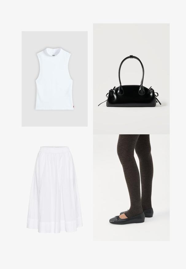 Top blanc sans manches en coton avec col rond haut et petite étiquette Levi's sur le côté, présenté sur un fond gris clair.; Jupe blanche mi-longue en tissu léger, dotée d'une taille élastique et d'un design fluide avec une texture subtile.; Jambes portant des leggings côtelés foncés associés à des ballerines noires avec de petits détails en nœud sur fond blanc.; Petit sac à main noir brillant avec deux longues anses et des détails à cordon sur les côtés sur un fond clair uni.