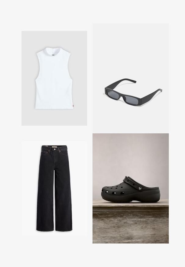 Top alb fără mâneci din bumbac, cu guler înalt rotund și etichetă mică Levi's pe lateral, afișat pe un fundal gri deschis.; Jeans negri cu picioare largi, confecționați din denim, cu cinci buzunare, cu cuie de cupru și o închidere clasică cu nasture. Textură netedă cu un design curat.; Încălțăminte din cauciuc negru cu găuri de ventilație, toc ridicat, curea la spate și talpă texturată. Finisaj neted cu un design minimalist.; Ochelari de soare negri, cu lentile întunecate și rame groase mate. Brațele sunt ușor conice, cu o textură netedă.
