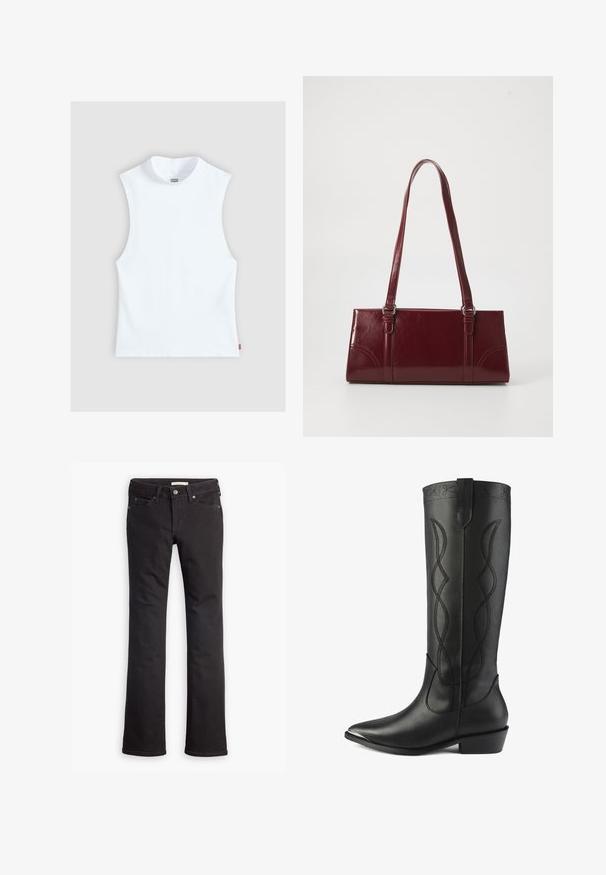 Top blanc sans manches en coton avec col rond haut et petite étiquette Levi's sur le côté, présenté sur un fond gris clair.; Jean noir en denim, avec une coupe droite, taille standard, cinq poches et des détails de couture subtils.; Des bottes noires en cuir hautes présentent un bout pointu, un talon carré et des coutures décoratives avec des lignes entrelacées le long de la tige.; Sac à main bordeaux en matériau brillant, de forme rectangulaire, avec deux anses et des accents légèrement courbés à l'avant.