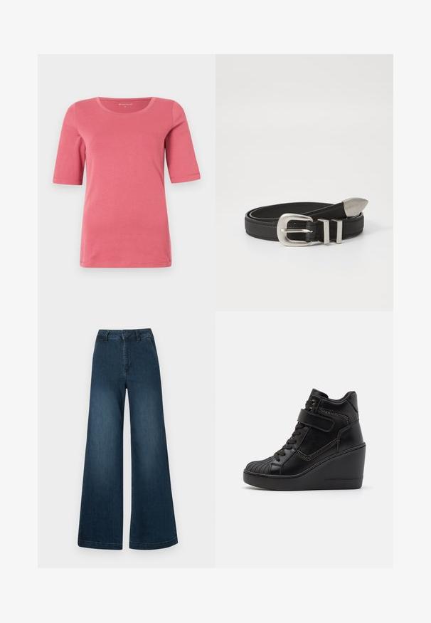 Lyserød kortærmet T-shirt til kvinder med rund hals, lavet af glat bomuldsstof med normal pasform og syede kanter.; Mørkeblå høj talje brede ben denim jeans med forlommer og bæltestropper på en hvid baggrund.; Sorte høje wedge sneakers lavet af glat læder, med snørebånd foran, justerbar rem og dekorative lynlåse.; Sort læderbælte med en sølvfarvet metalspænde og dobbelt løkke detaljer, der har en tekstureret overflade og en spids ende for en sikker pasform.