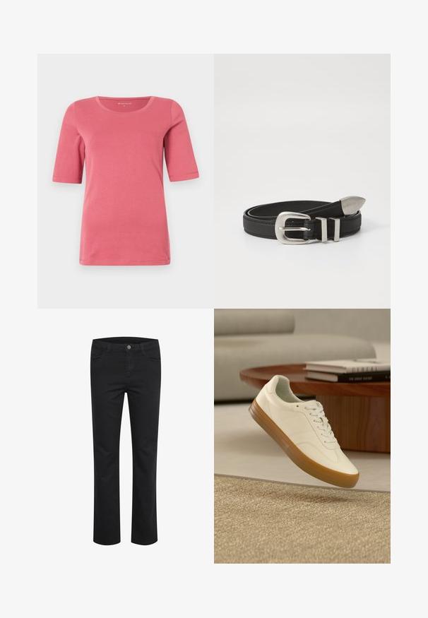 Roze dames T-shirt met korte mouwen en ronde hals, gemaakt van soepel katoen met een normale pasvorm en gestikte randen.; Zwarte denim broek met een rechte pasvorm, voorzien van twee voorkruiszakken en een enkele metalen knop aan de tailleband. Gladde textuur.; Witte sneaker met een zool van kaux drijvend boven een beige tapijt in een woonkamer met een houten tafel en gestapelde boeken op de achtergrond.; Zwarte leren riem met een zilveren metalen gesp en dubbele lusaccenten, met een textuurafwerking en een taps toelopend einde voor een veilige pasvorm.
