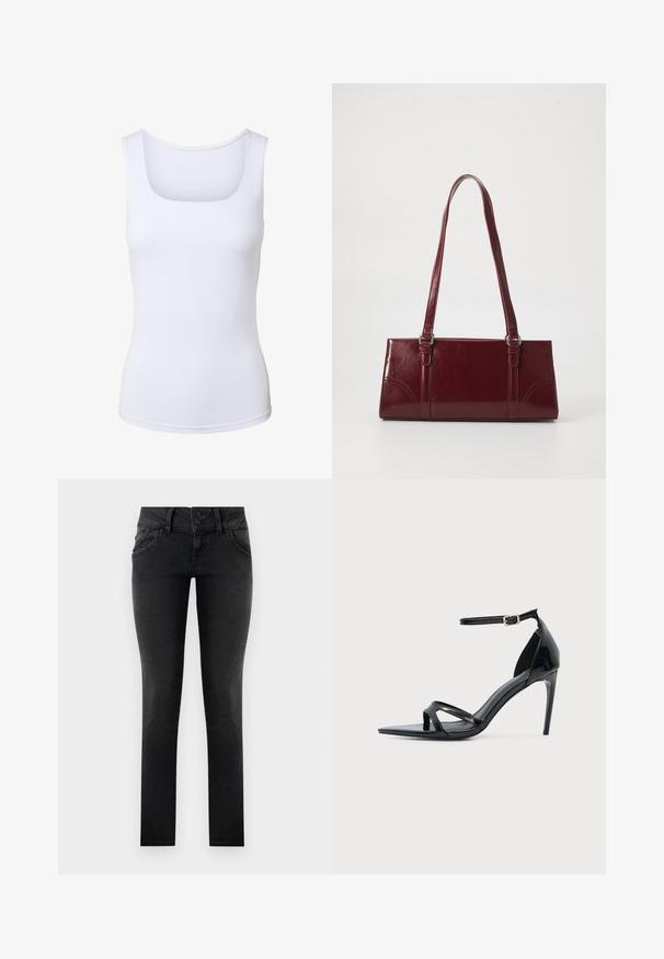 Weißes ärmelloses Tanktop mit quadratischem Ausschnitt, figurbetonter Silhouette und glatter Stoffstruktur.; Schwarze, enge Jeans aus Denim mit einem Zwei-Knopf-Bund, Fronttaschen und einer glatten, strukturierten Oberfläche. Standardpassform, durchgehendes Design.; Schwarze Sandale aus Lackleder mit hohem Absatz, dünnem Knöchelriemen, offenem Zehenbereich und minimalistischem Design auf hellem, einfarbigem Hintergrund.; Burgunderfarbene Handtasche aus glänzendem Material, rechteckige Form, mit zwei Schulterriemen und subtilen, geschwungenen Akzenten an der Vorderseite.