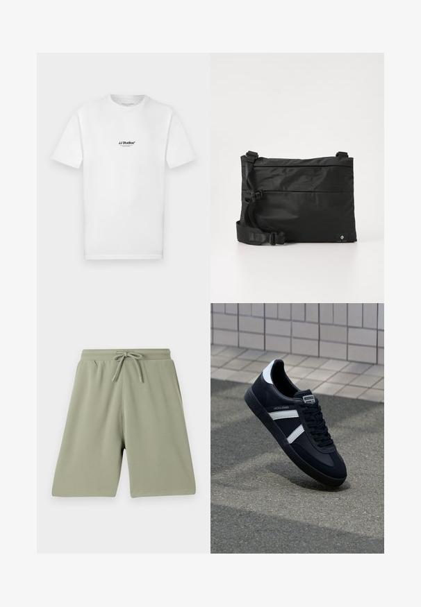 Hvid bomulds t-shirt med korte ærmer og rund halsudskæring. Har en lille sort "JJ Studios"-logo på brystet.; Lysgrønne shorts lavet af et tekstureret stof med elastisk talje og snøre. Lige snit og knælangt design.; Sort lædersneaker med hvide striber, tekstureret gummisål og snørrebånd foran. Har et brandet mærke på tungen.; Sort nylon messenger-taske med justerbar rem, fladt design og et sideetiket med et logo. Glat tekstur og minimalistisk stil.