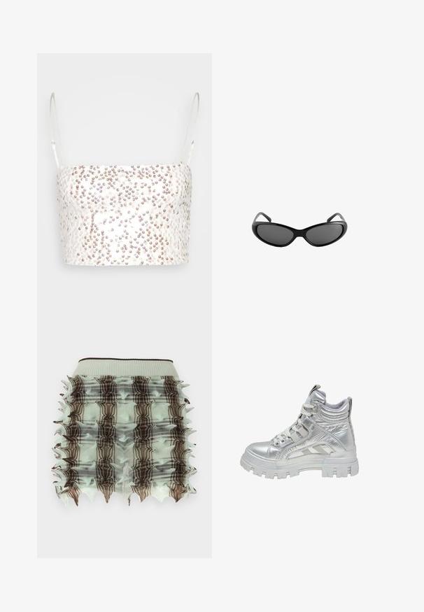Gina Tricot SHIMMER CROPPED - Top - offwhite; Mintová sukňa s volánmi a klietkovým dizajnom, so štvorcami v hnedej farbe a hrotemi na okrajoch. Elastický pás pre pohodlné nosenie.; Vysoká strieborná teniska s hrubou bielou vzorovanou podrážkou, vystlaným golierom, textilnými ťahadlami a bielymi šnúrkami.; Elegantné čierne priliehajúce slnečné okuliare s tmavými sklami a zakrivenými stranicami, navrhnuté tak, aby tesne priliehali okolo očí.
